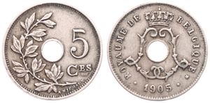 Belgium, Kingdom, Leopold II, 5 Centimes Copper-Nickel 1905FR, Center hole within crowned monogram, Morin 275b, RARE VARIETY : M FROM MICHAUX UPSIDE DOWN, VF