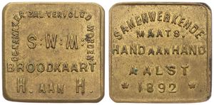 Belgium, Kingdom, Aalst, Token in Brass 1892, S.W.M. Broodkaart H. aan H. Samenwerkende Maats. Hand aan Hand Aalst / XF