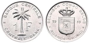 Ruanda-Urundi, Province, Baudouin I, 1 Franc Aluminum 1959, Oil palm divides denomination, KM 4, UNC