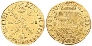 Spanish Netherlands, Albrecht & Isabella, 1 Dubbele Albertijn Gold 1601, Crowned arms / Cross with crown and golden fleece, VH 582.AN - Antwerp, SCARCE, XF (*)