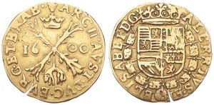 Spanish Netherlands, Albrecht & Isabella, 1 Albertijn Gold 1600, Crowned arms / Cross with crown and golden fleece, VH 583.AN - Antwerp, F/VF (*)
