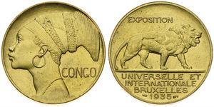 Belgian Congo, Colony, Leopold III, Medal in Gilt Copper 1935 by P. Turin, Exposition Universelle & Internationale Bruxelles - Congo, Head of a native woman left / Lion walking right, A.UNC