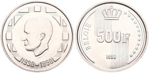 Belgium, Kingdom, Baudouin I, 500 Francs Silver 1990FL, 60th Birthday of King Baudouin I, Morin 845, UNC