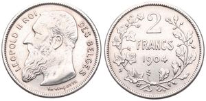 Belgium, Kingdom, Leopold II, 2 Francs Silver 1904FR, Bearded head left, Morin 194a, SCARCE VARIETY WITHOUT DOT IN TH VINCOTTE, A.VF
