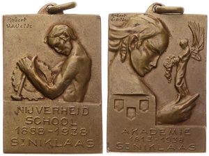 Belgium, Kingdom, Leopold III, Medal in Bronze 1938 by Robert van de Velde, 125 Jaar Akademie van Sint Niklaas & 50 Jaar Nijverheid School van Sint Niklaas, XF