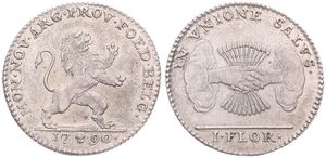Austrian Netherlands, Insurrection Coinage, 1 Florin Silver 1790(b), Rampant lion right / Arrows back of grasped hands at center, KM 48 Brussels, SCARCE !, XF