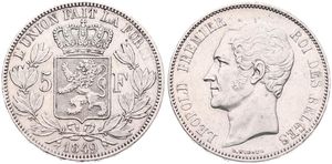 Belgium, Kingdom, Leopold I, 5 Francs Silver 1849, Bare head left, Morin 39a, VARIETY WITH LARGE 9 IN DATE, A.XF