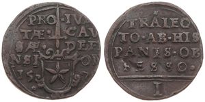 Spanish Netherlands, Philip II, 1 Stuiver Copper 1579, City coat of arms below sword / Legend in 5 lines, VH 530.MA - Maastricht, VF