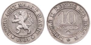 Belgium, Kingdom, Leopold II, 10 Centimes Copper-Nickel 1901FL, Rampant lion within circle left, Morin 243, RARE KEY DATE, XF