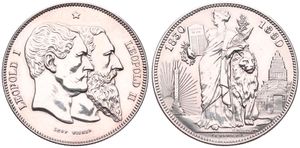 Belgium, Kingdom, Leopold II, 5 Francs (Medallic) Silver 1880, 50th Anniversary of Belgian Independence, Morin M/12d, (With 10 rays left from column), XF (cleaned)