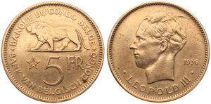 Belgian Congo, Colony, Leopold III, 5 Francs Nickel-Bronze 1936, Head of the King left, KM 24, A.XF