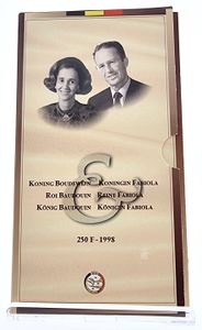 Belgium, Kingdom, Albert II, 250 Francs Silver 1998, 70th Birthday of Queen Fabiola & 5th Anniversary of the Death of King Baudouin I, Morin 977, PROOF in original packaging