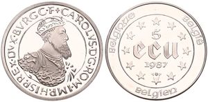 Belgium, Kingdom, Baudouin I, 5 Ecu Silver 1987, 30th Anniversary Treaty of Rome - Bust of Charles V right, Morin M/EC5, PROOF