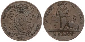 Belgium, Kingdom, Leopold I, 5 Centimes Copper 1850, Seated lion with tablet, Morin 77b, SMALL 0 IN DATE, VF