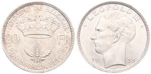 Belgium, Kingdom, Leopold III, 20 Francs Silver 1935FR/FL (Position B), Head left, Morin 449b, A.UNC