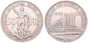 Belgium, Kingdom, Leopold III, 50 Francs Silver 1935FL (Position A), 100th Anniversary of Belgian Railways & World Exhibition in Brussels, Morin 443a, A.UNC