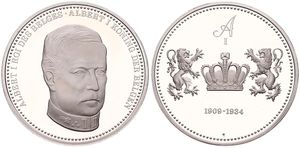 Belgium, Kingdom, Baudouin I, Medal in Silver (1980) by Franklin Mint, Belgian Dynasty, Head of King Albert I right / Crown flanked by two lions : 1909-1934, PROOF