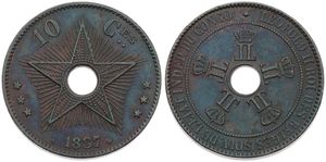 Congo Free State, Royal Domain, Leopold II, 10 Centimes Copper 1887, Center hole flanked by crowned monograms within beaded circle, KM 4, KEY DATE, A.XF