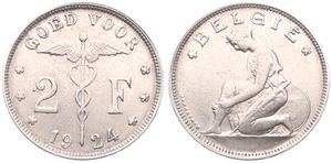 Belgium, Kingdom, Albert I, 2 Francs Nickel 1924FL, Kneeling woman left, Morin 393, VF