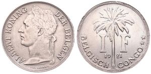 Belgian Congo, Colony, Albert I, 1 Franc Copper-Nickel 1921, Laureate head of the King left, KM 21 Flemish Legend, XF