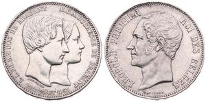 Belgium, Kingdom, Leopold I, 5 Francs (Medallic) Silver 1853, Marriage of the Duke and Dutchess of Brabant, Morin M/2a, (With dash between 21 & 22), XF