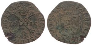 Spanish Netherlands, Albrecht & Isabella, 1 Duit Copper 1615, Crowned arms / Crown above cross with Golden Fleece, VH 593.AN - Antwerp, A.VF