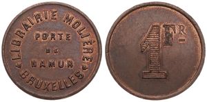 Belgium, Kingdom, Bruxelles, Jeton in Copper ND, 1 Franc / Librairie Molière, Porte de Namur, Bruxelles, XF