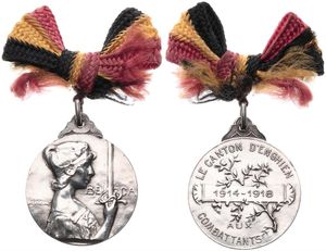 Belgium, Kingdom, Albert I, Medal in Copper-Nickel 1914-1918 by Legrant, Le Canton d'Enghien aux combattants, Woman (Belgica) holding sword right / Legend in 4 lines, XF