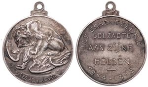 Belgium, Kingdom, Albert I, Medal in Copper-Nickel 1914-1918 by P. Theunis, Het Erkentelijke Selzaete aan zijne helden, Belgian Lion defeats German Eagle / Legend in 5 lines, XF