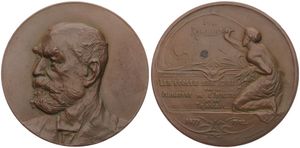 Belgium, Kingdom, Leopold II, Medal in Bronze 1902 by Fernand Dubois, Les Ecoles Subsidiées, Bust of Eugène Rombaut left / Kneeling woman and Art Nouveau designs, XF