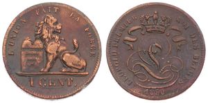 Belgium, Kingdom, Leopold I, 1 Centime Copper 1850, Seated lion with tablet, Morin 123, VARIETY : WITHOUT SMALL E AFTER CENT & WITHOUT CROSS ON CROWN, A.XF