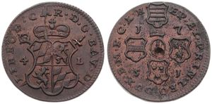 Liege, Bishoperic, John Theodore, 4 Liards Copper 1751, Crowned ams over sword and scepter / Cross of shields - dates in angles, KM 159, XF ! (small hole at center)