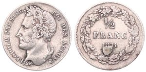 Belgium, Kingdom, Leopold I, 1/2 Franc Silver 1834, Laureate head left, Morin 29, VF
