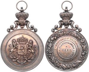 Belgium, Kingdom, Leopold II, Medal in White metal 1883, Vlasspinnerij Heilig Kerst Gent aan Maes Desideer - Werkzaamheid Eerlykheid, Arms with lion supporters within beaded circle, UNC