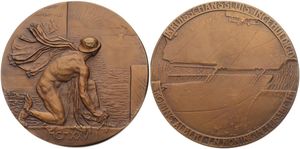 Belgium, Kingdom, Albert I, Medal in Bronze 1928 by Arthur Dupon, Inhuldiging van de Kruisschanssluis te Antwerpen, God of trade Mercurius kneeling and looking the Scheldt, UNC