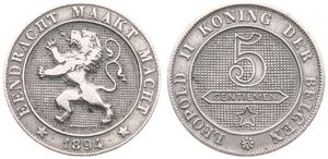 Belgium, Kingdom, Leopold II, 5 Centimes Copper-Nickel 1894FL, Rampant lion within circle left, Morin 245, A.XF