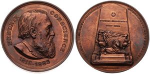 Belgium, Kingdom, Leopold II, Medal in Bronze 1886 by M. Vermeiren & F. Joris, The Mausoleum of Hendrik Conscience, Bust of Conscience right, XF