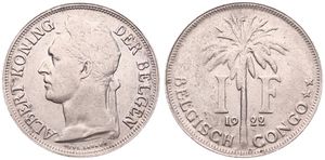 Belgian Congo, Colony, Albert I, 1 Franc Copper-Nickel 1922, Laureate head of the King left, KM 21 Flemish Legend, A.XF