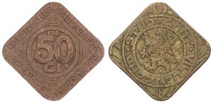 Belgium, Kingdom, Gent, 50 Centimes Brass Plated Iron 1915, Emergency Issue - Rampant Lion / Legend : Uitbetaalbaar op 1 januari 1917, (Thick 50 - Reduced Size), KM Tn1a, XF