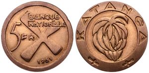 Katanga, Province, 5 Francs Bronze 1961, Bananas within inner circle, KM 2, A.UNC