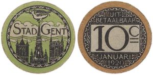Belgium, Kingdom, Gent, 10 Centimes Carton (1915-1918), Emergency Issue - Stad Gent, View on the three churches / Legend : Uitbetaalbaar januari 1920, UNC