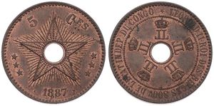 Congo Free State, Royal Domain, Leopold II, 5 Centimes Copper 1887, Center hole flanked by crowned monograms within beaded circle, KM 3, A.UNC 