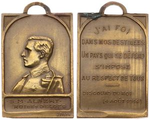 Belgium, Kingdom, Albert I, Medal in Bronze 1914 by J. Fisch, J'ai foi dans nos destinées ; Un pays qui ce défend s'impose au respect de tous, Uniformed bust left / Legend in 7 lines, XF