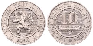 Belgium, Kingdom, Leopold I, 10 Centimes Copper-Nickel 1864, Rampant lion within circle left, Morin 136, SCARCE KEY DATE, XF