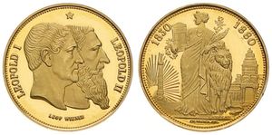 Belgium, Kingdom, Leopold II, Modern Restrike Medal in Gold 1880, 50th Anniversary of Independence - Conjoined heads of Leopold I & Leopold II right, PROOF (*)