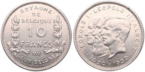 Belgium, Kingdom, Albert I, 10 Francs (2 Belgas) Nickel 1930FR (Position B), 100th Anniversary of Belgian Independence, Morin 380b, XF