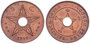 Belgian Congo, Colony, Albert I, 2 Centimes Copper 1910, Center hole flanked by crowned monograms within beaded circle, KM 16, UNC (slightly cleaned)