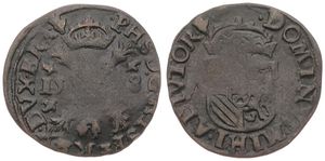 Spanish Netherlands, Philip II, 1 Duit Copper 1598, Crown above cross with Golden Fleece / Crowned arms, VH 329.AN - Antwerp, A.VF