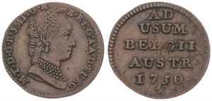 Austrian Netherlands, Maria Theresia, 1 Liard Copper 1750(l), Bust with pearl necklace right, KM 2 Bruges, VF