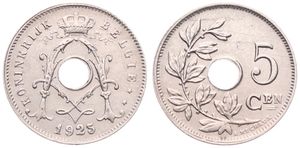 Belgium, Kingdom, Albert I, 5 Centimes Copper-Nickel 1925/13FL, Center hole within crowned monogram, Morin 367b, UNC